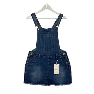 ELLEVEN Denim Overall Skirt Women Medium Blue Frayed Hem Bib Pocket NWT